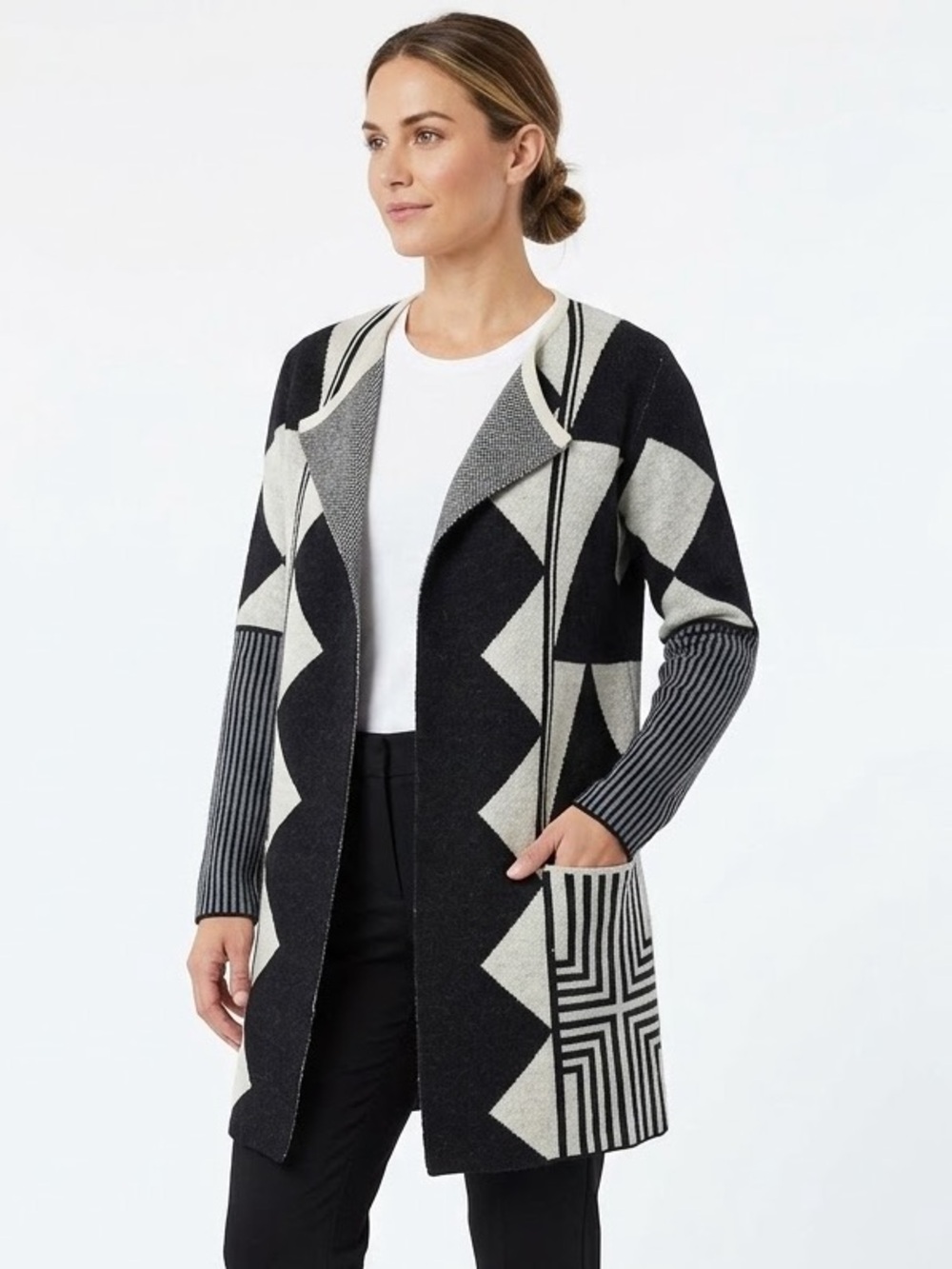 SUGAR + LIPS Geometric Graphic Knit Duster Cardigan Sweater with Pockets
